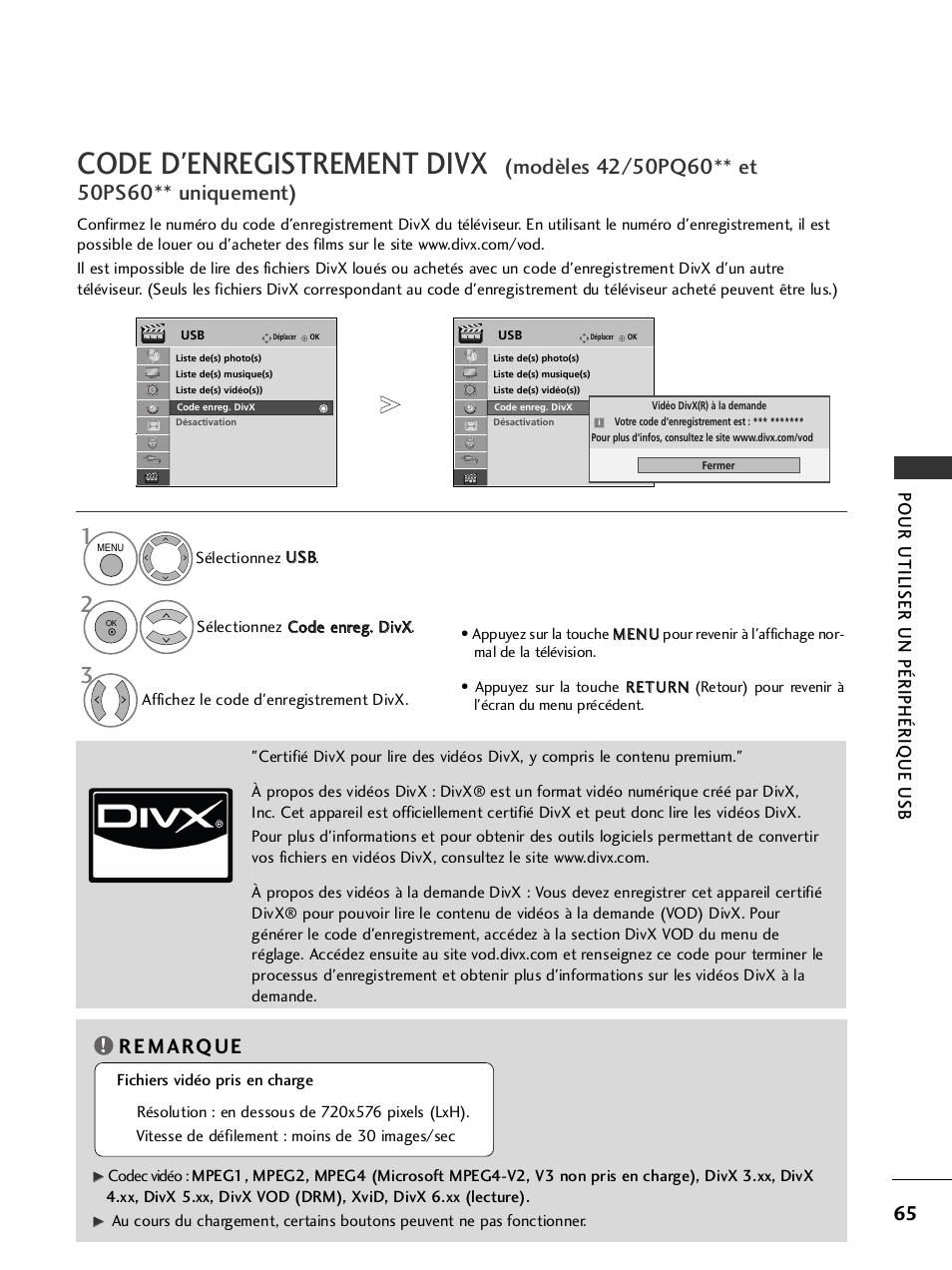 Code d'enregistrement divx, Pour utiliser un périphérique usb | LG 50PQ6000 Manuel d'utilisation | Page 67 / 124