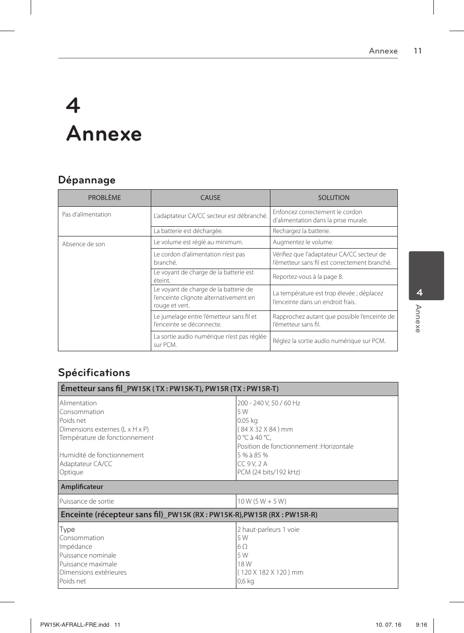 4 annexe, Dépannage, Spéciﬁ cations | LG PW15K Manuel d'utilisation | Page 11 / 12