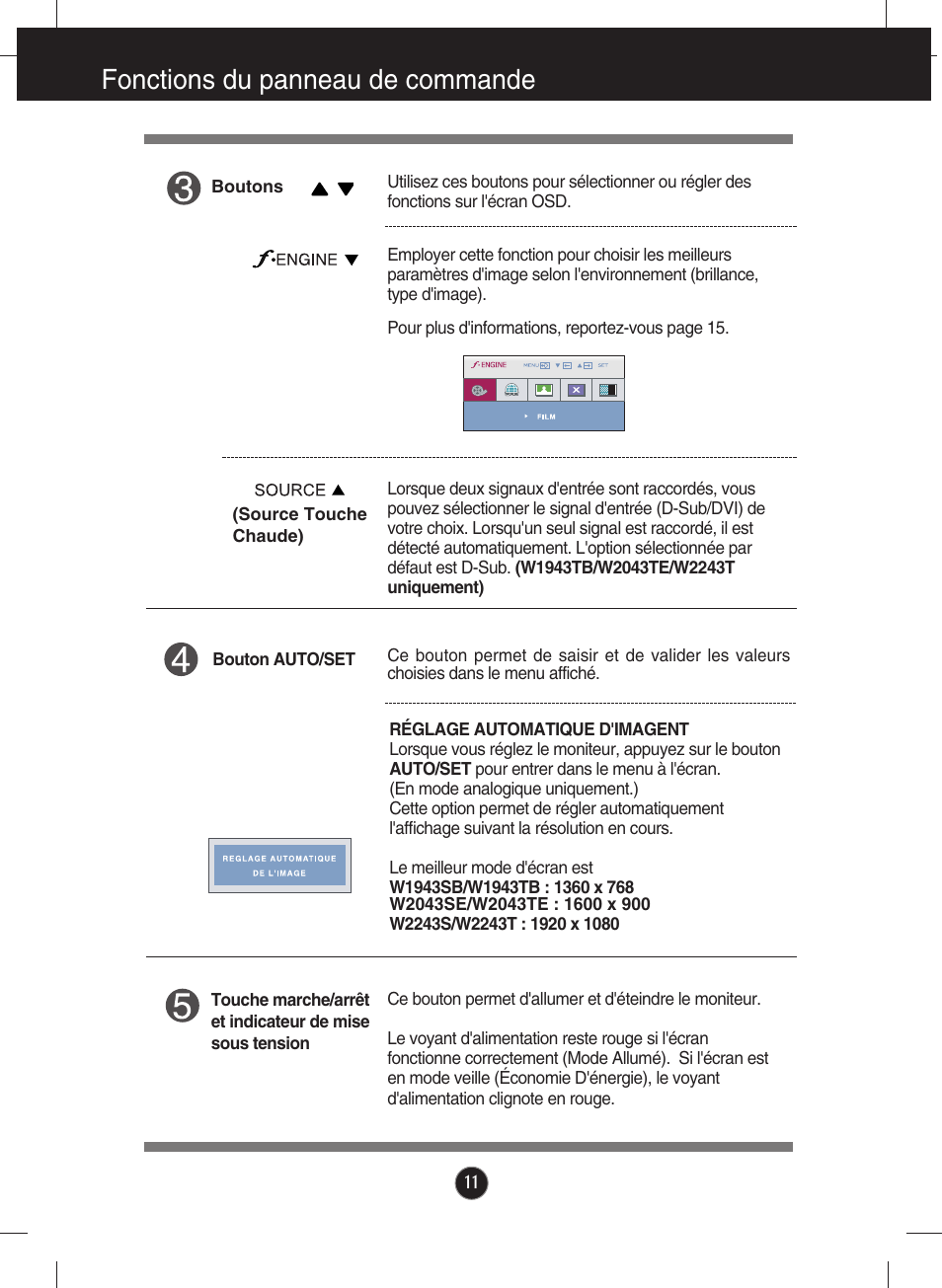 Fonctions du panneau de commande | LG W2243S-PF Manuel d'utilisation | Page 12 / 34