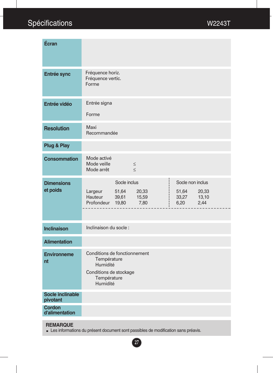W2243t, Spécifications | LG W2243S-PF Manuel d'utilisation | Page 28 / 34