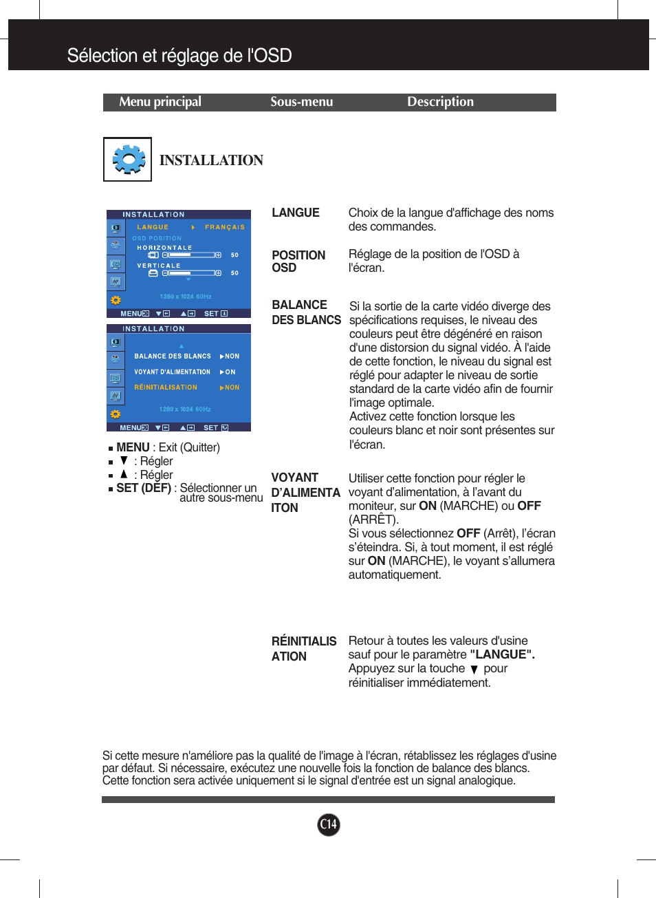 Installation, Sélection et réglage de l'osd | LG W2234S-SN Manuel d'utilisation | Page 15 / 27