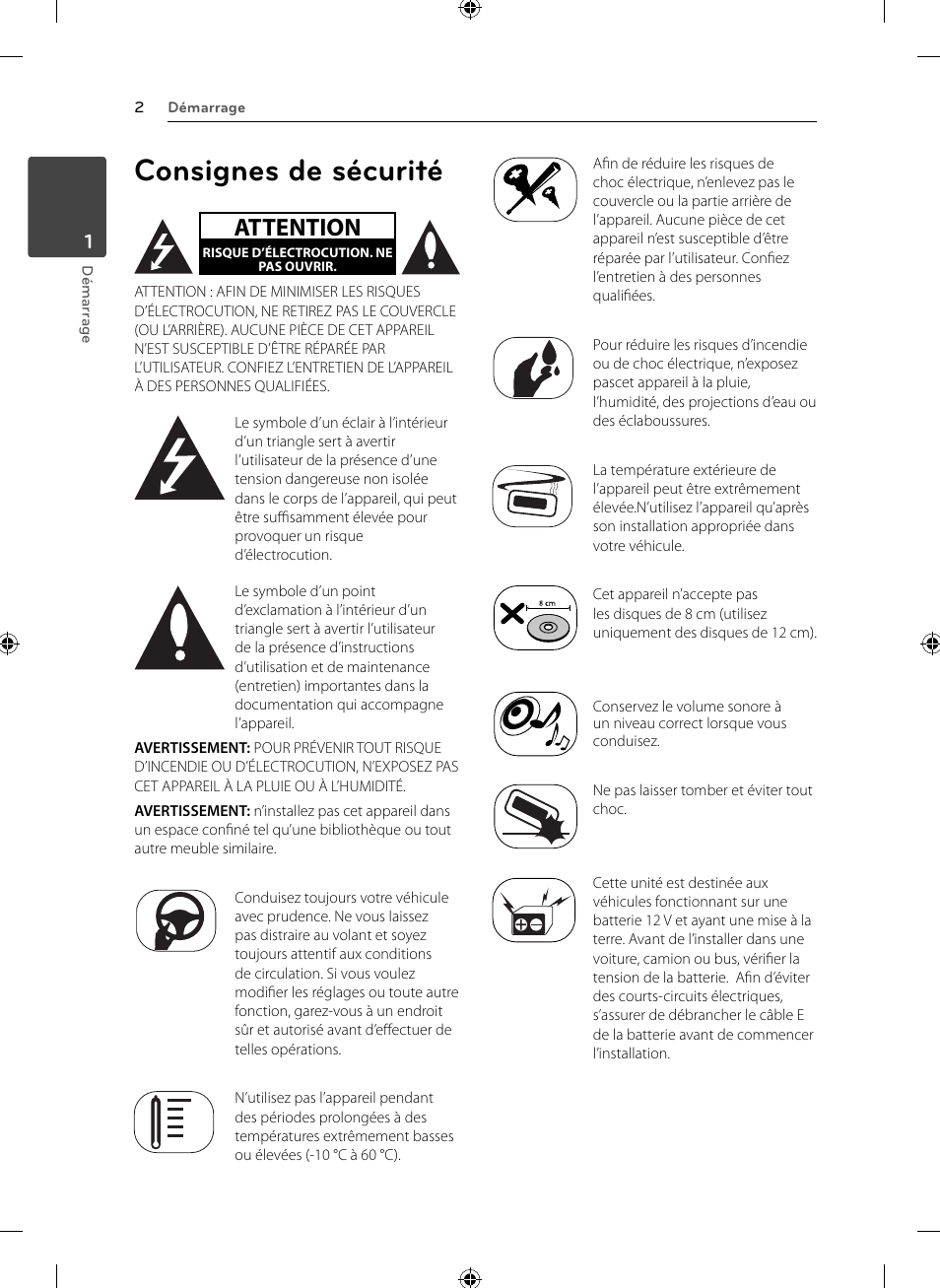 Consignes de sécurité, Attention | LG LCS110AR Manuel d'utilisation | Page 2 / 20