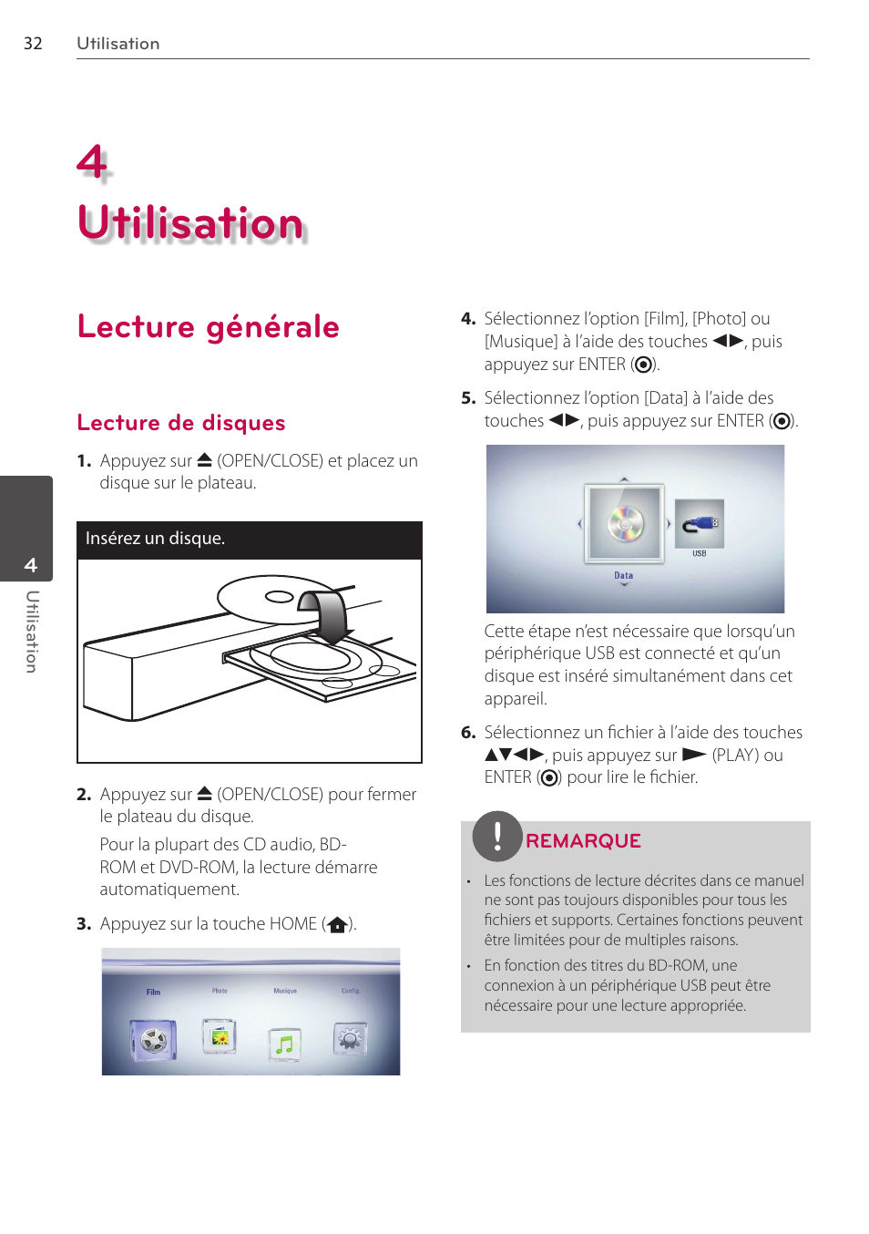 Utilisation, Lecture générale, 4utilisation | Lecture de disques | LG BD550 Manuel d'utilisation | Page 32 / 64
