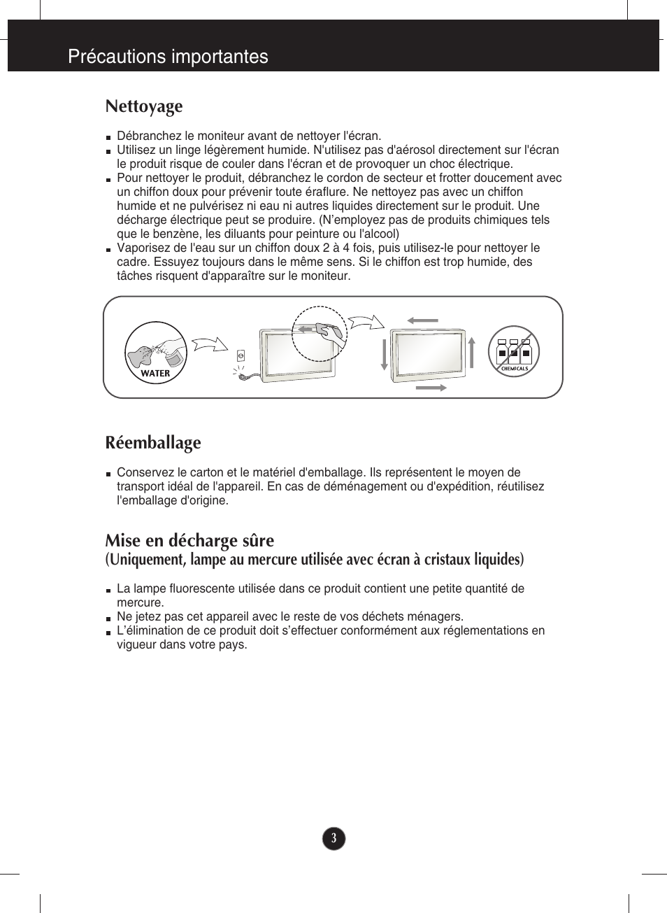 Nettoyage, Réemballage, Précautions importantes | LG E2770V-BF Manuel d'utilisation | Page 4 / 38