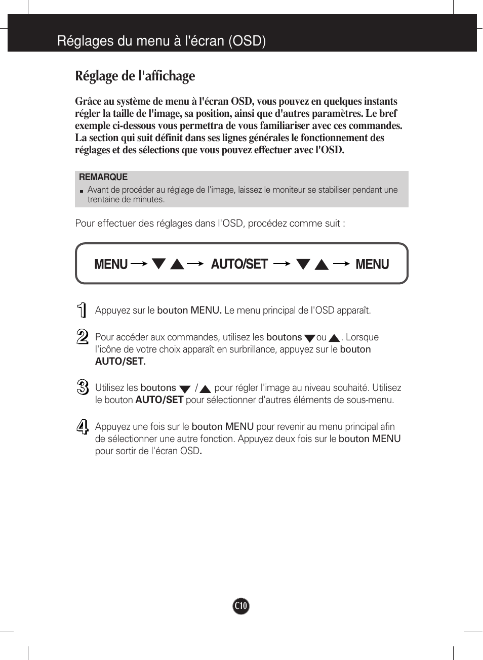 Réglages du menu à l'écran (osd), Réglage de l'affichage | LG W2452V-PF Manuel d'utilisation | Page 11 / 27