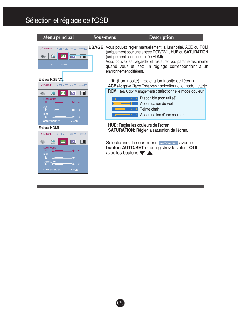 Sélection et réglage de l'osd, Menu principal sous-menu description | LG W2452V-PF Manuel d'utilisation | Page 21 / 27