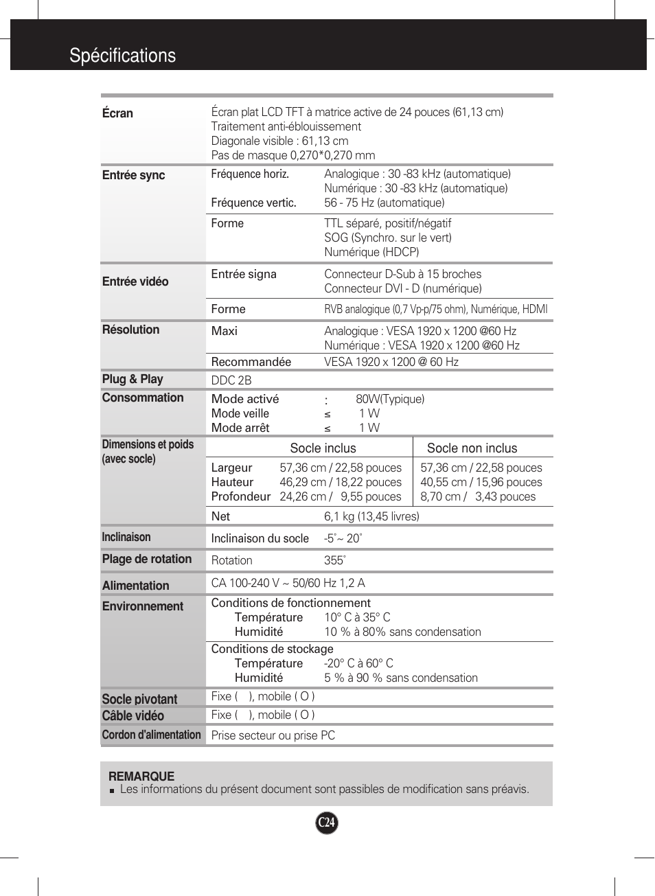 Spécifications | LG W2452V-PF Manuel d'utilisation | Page 25 / 27