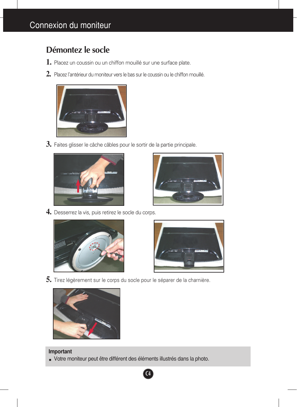 Démontez le socle, Connexion du moniteur démontez le socle | LG W2452V-PF Manuel d'utilisation | Page 5 / 27