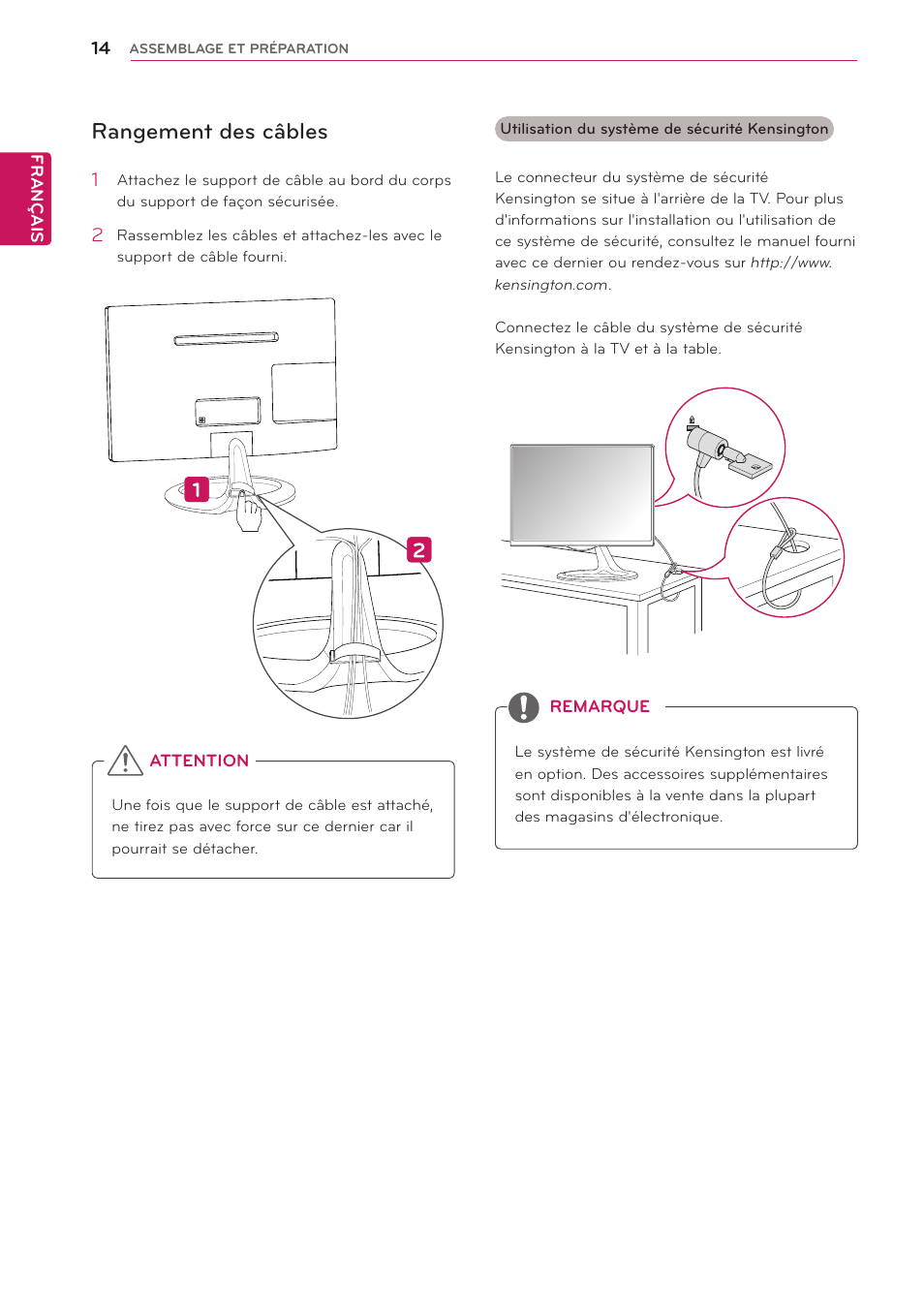 Rangement des câbles, Voir p. 14) | LG 23MA73D-PZ Manuel d'utilisation | Page 14 / 44