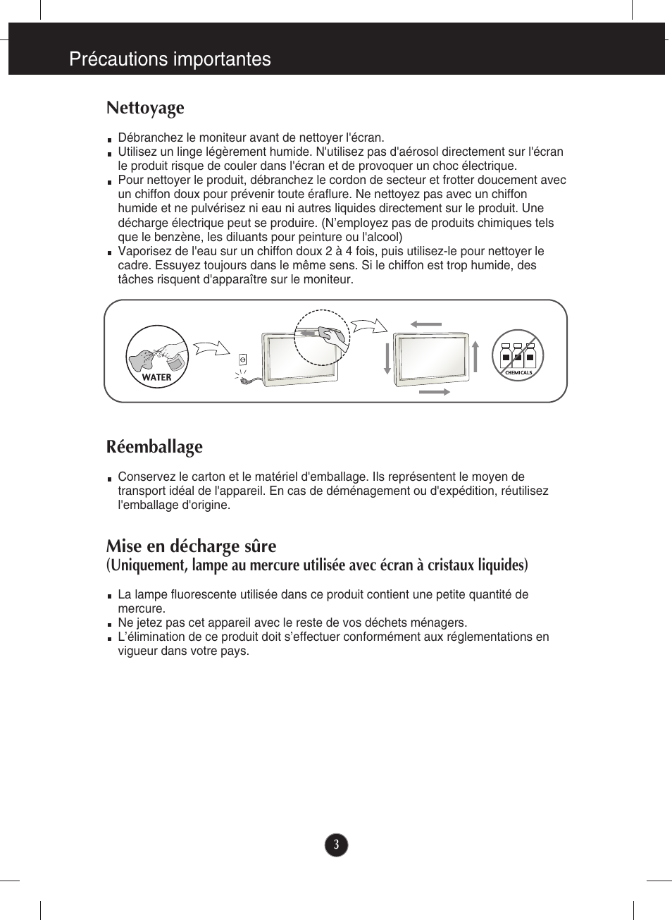 Nettoyage, Réemballage, Précautions importantes | LG E2290V-SN Manuel d'utilisation | Page 4 / 26