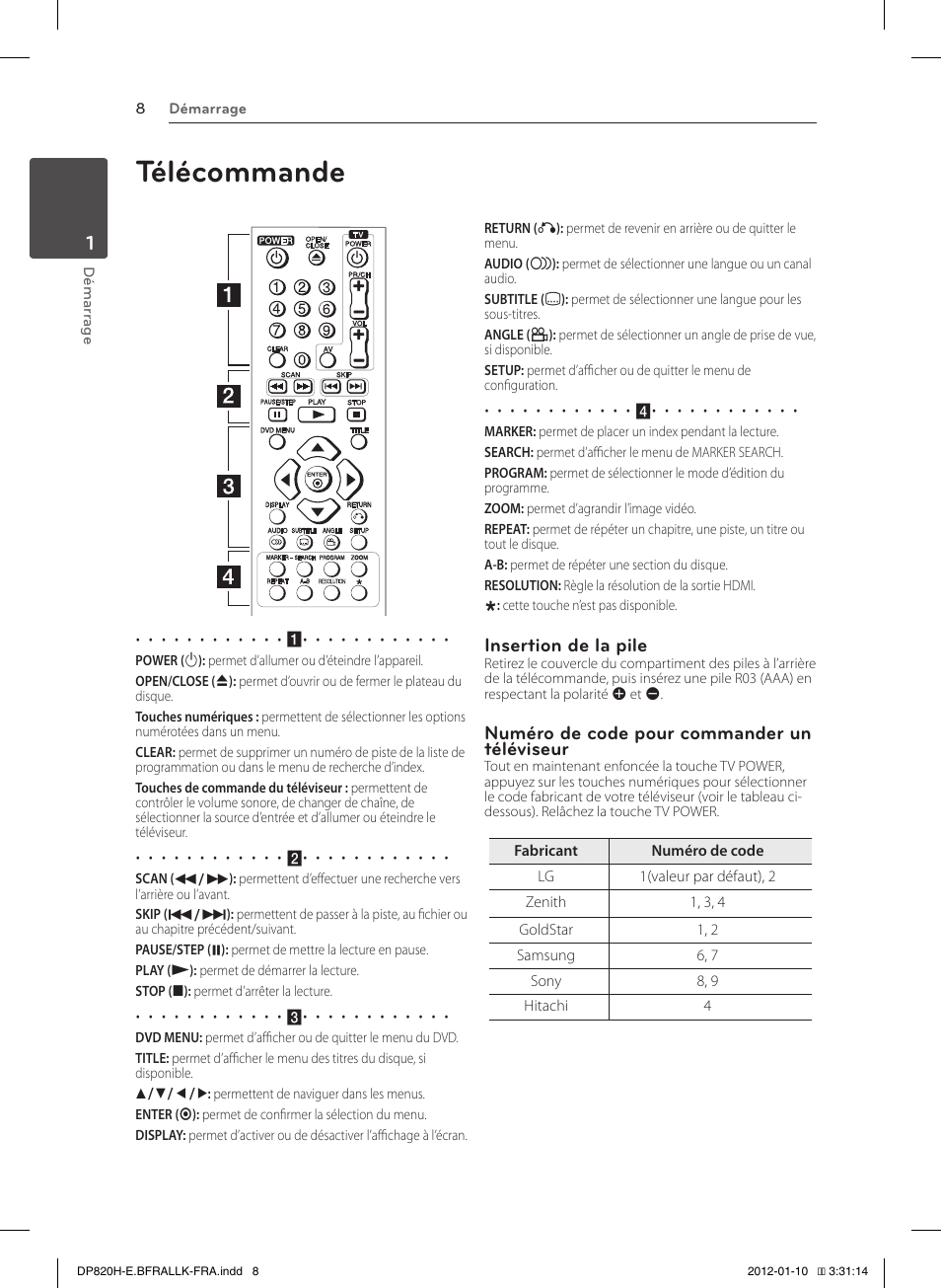 Télécommande, Insertion de la pile, Numéro de code pour commander un téléviseur | LG DP822H Manuel d'utilisation | Page 8 / 24