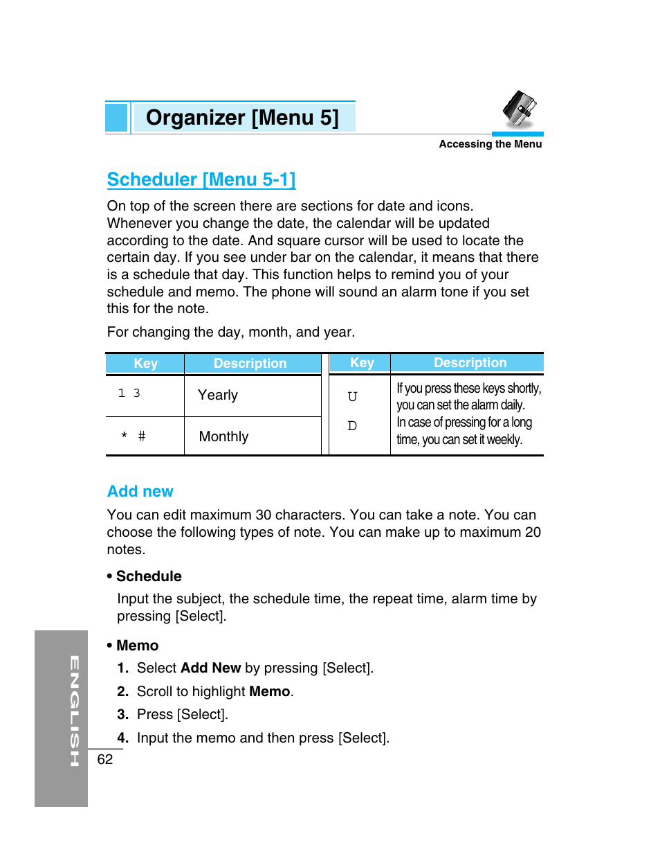 Organizer [menu 5, Scheduler [menu 5-1 | LG G5310 Manuel d'utilisation | Page 165 / 201