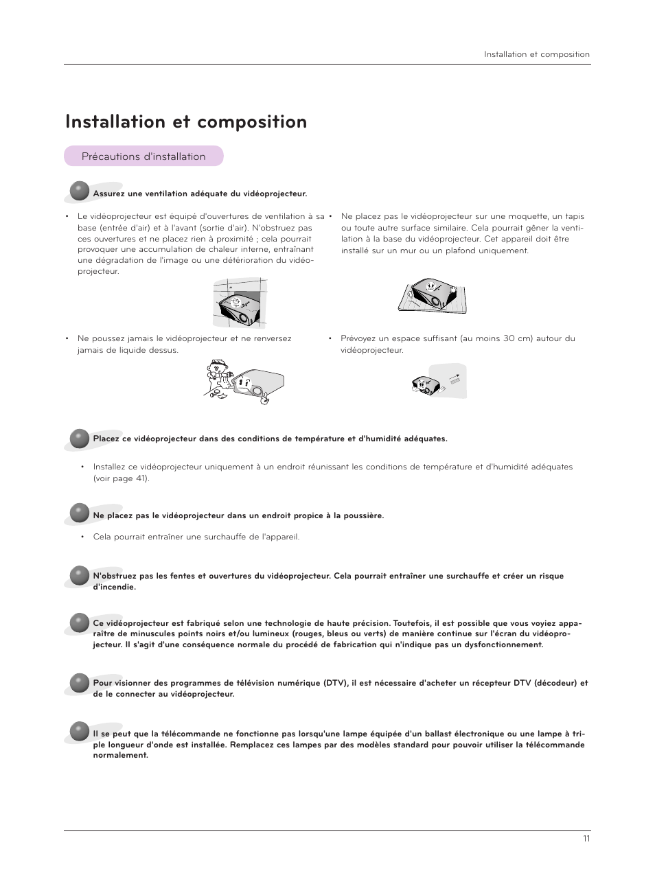 Installation et composition, Précautions d'installation | LG HS200G Manuel d'utilisation | Page 11 / 42