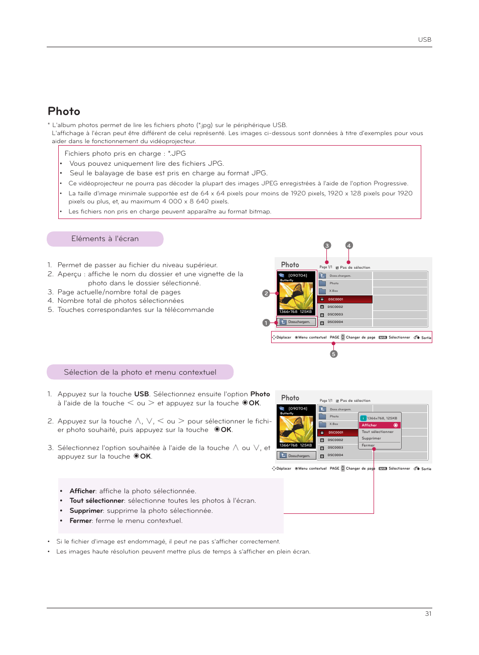 Photo, Eléments à l'écran, Sélection de la photo et menu contextuel | LG HS200G Manuel d'utilisation | Page 31 / 42