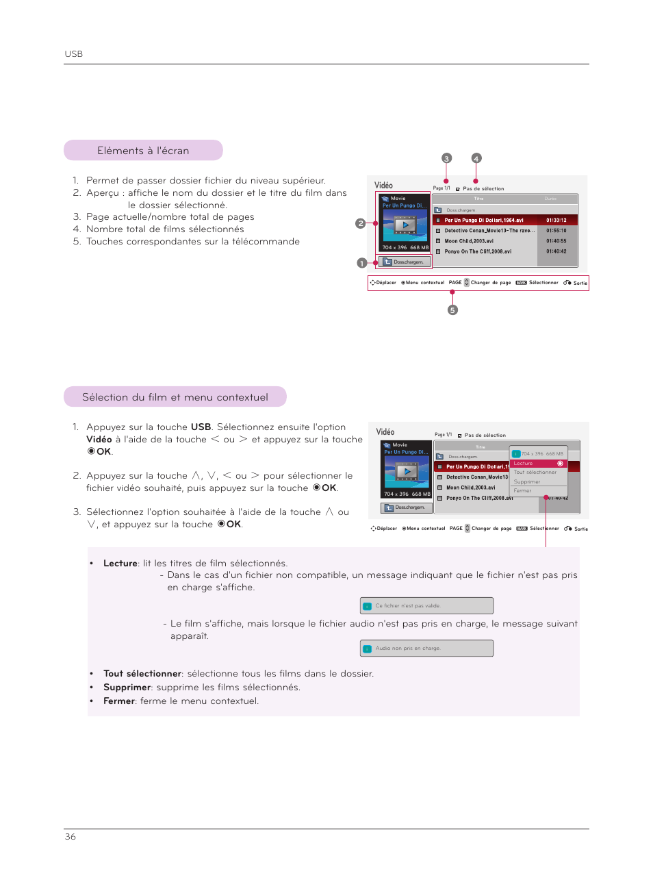Eléments à l'écran, Sélection du film et menu contextuel | LG HS200G Manuel d'utilisation | Page 36 / 42