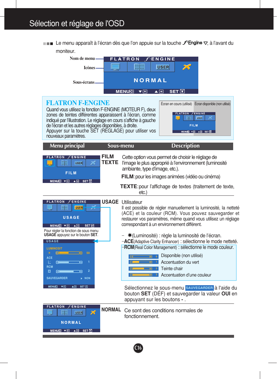 Flatron f-engine, Sélection et réglage de l'osd, Menu principal sous-menu description | LG L1919S-BF Manuel d'utilisation | Page 17 / 26