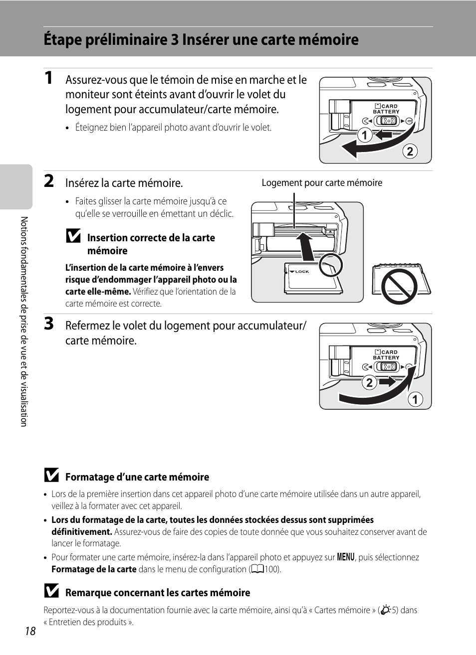 Étape préliminaire 3 insérer une carte mémoire | Nikon Coolpix S9300 Manuel d'utilisation | Page 36 / 244