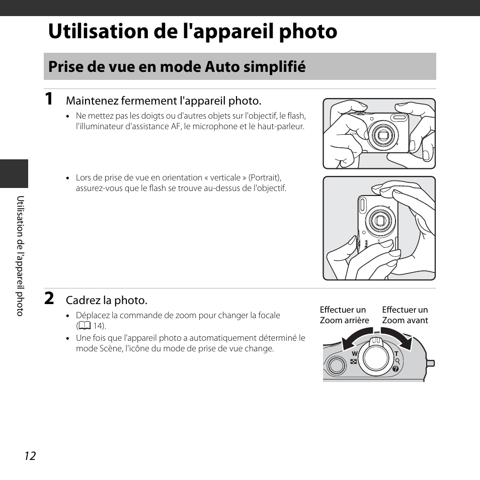 Utilisation de l'appareil photo, Prise de vue en mode auto simplifié, A 12) | Nikon COOLPIX-L30 Manuel d'utilisation | Page 32 / 160