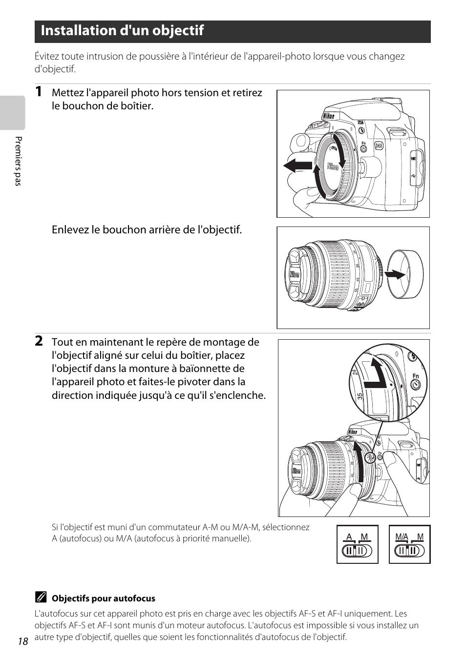 Installation d'un objectif, A 18 | Nikon D60 Manuel d'utilisation | Page 30 / 204