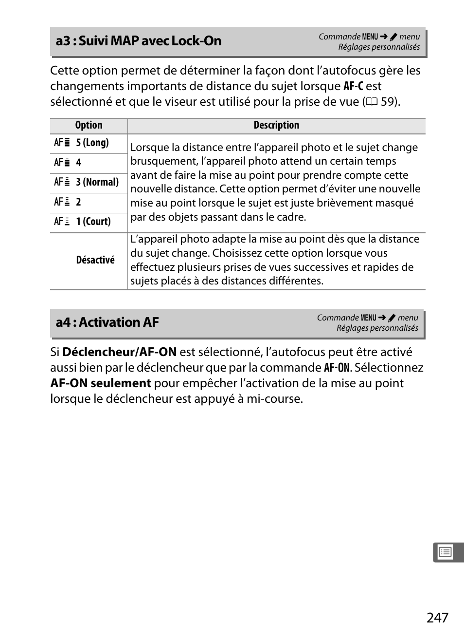 A3 : suivi map avec lock-on, A4 : activation af | Nikon Df Manuel d'utilisation | Page 267 / 396