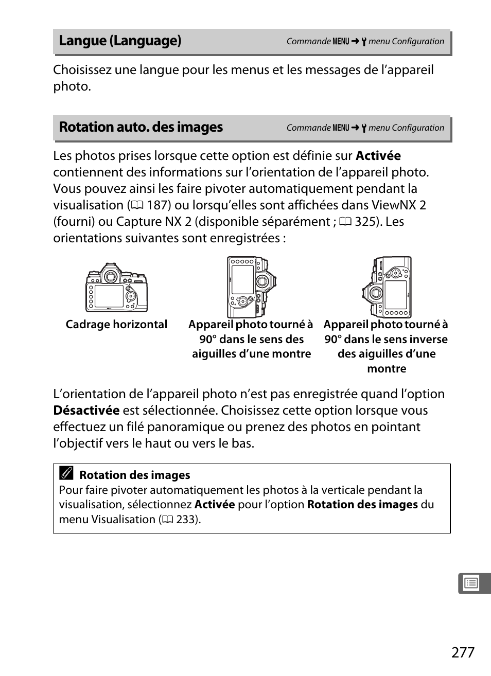 Langue (language), Rotation auto. des images, 0 277) et | S images | Nikon Df Manuel d'utilisation | Page 297 / 396