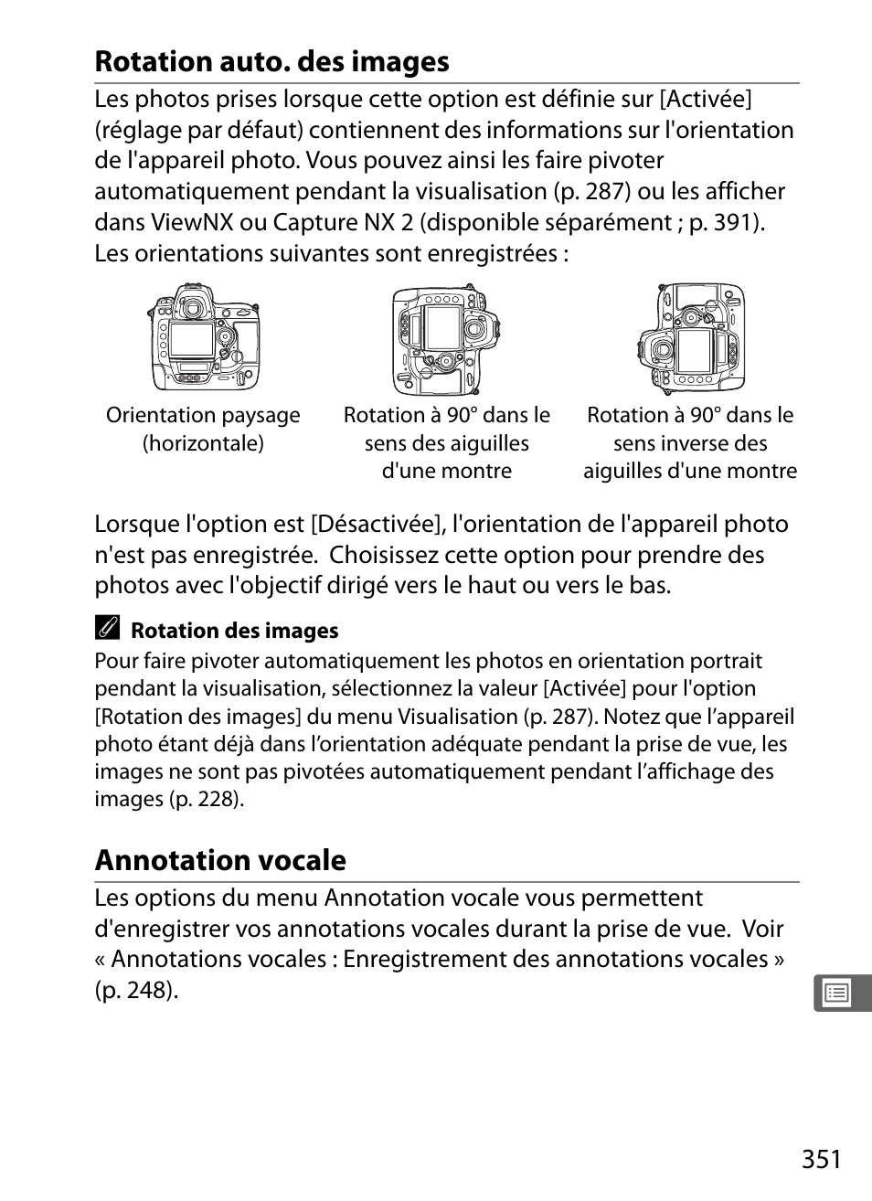 Rotation auto. des images, Annotation vocale | Nikon D3X Manuel d'utilisation | Page 377 / 476