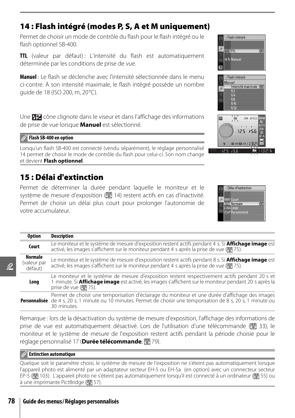 14 : flash intégré (modes p, s, a et m uniquement), 15 : délai d'extinction | Nikon D40 Manuel d'utilisation | Page 90 / 139