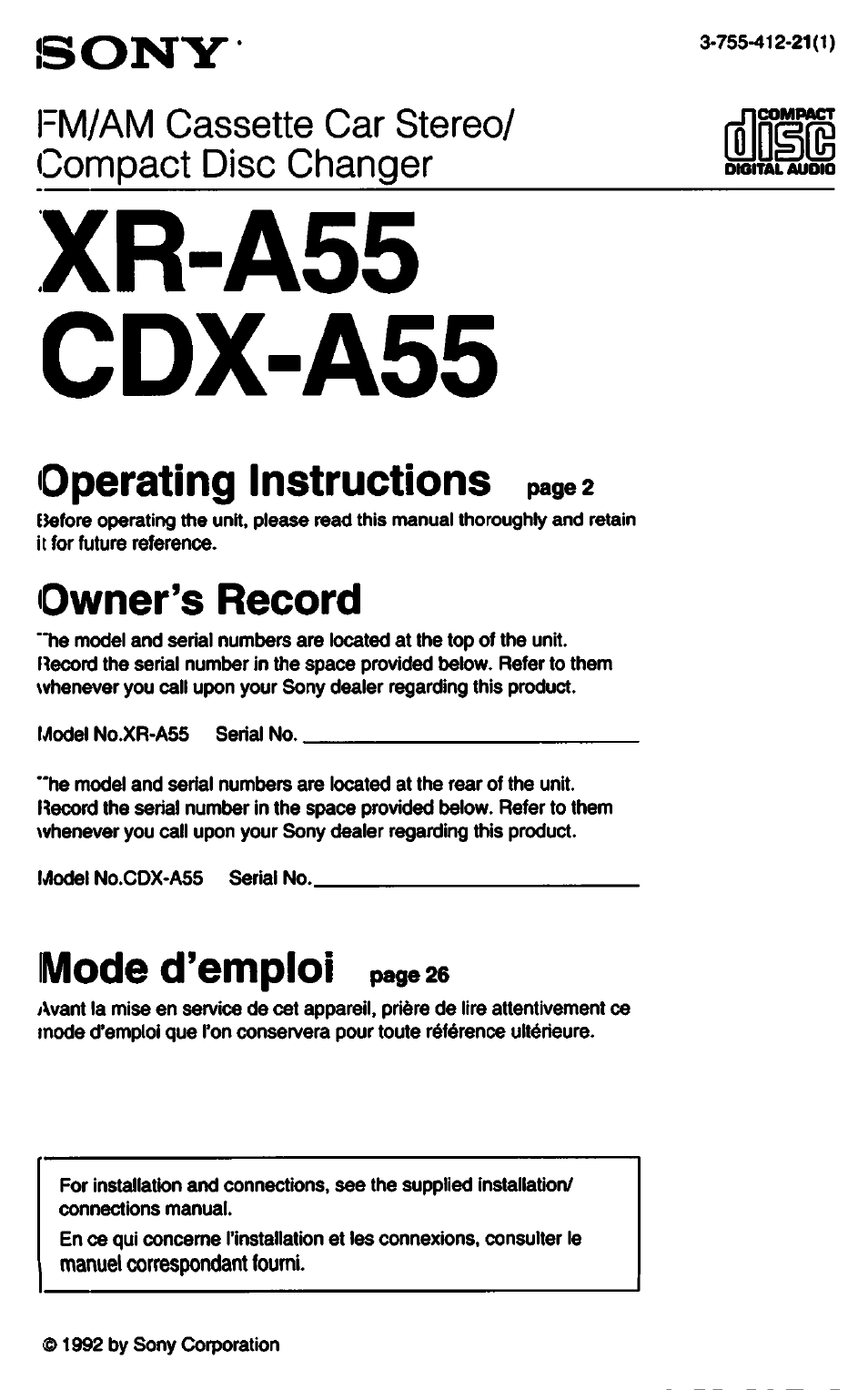 Sony XR-A55 Manuel d'utilisation | Pages: 48