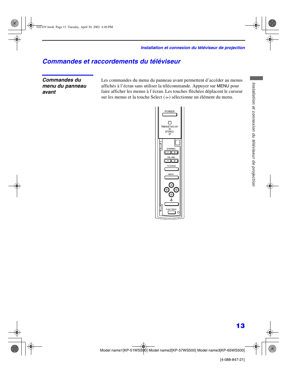 Commandes et raccordements du téléviseur | Sony KP-51WS500 Manuel d'utilisation | Page 97 / 172