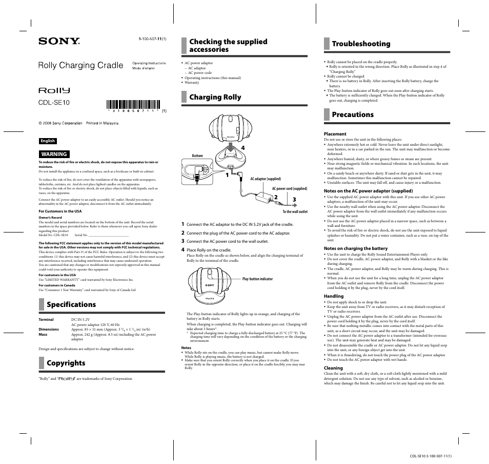 Sony CDL-SE10BLK Manuel d'utilisation | Pages: 2