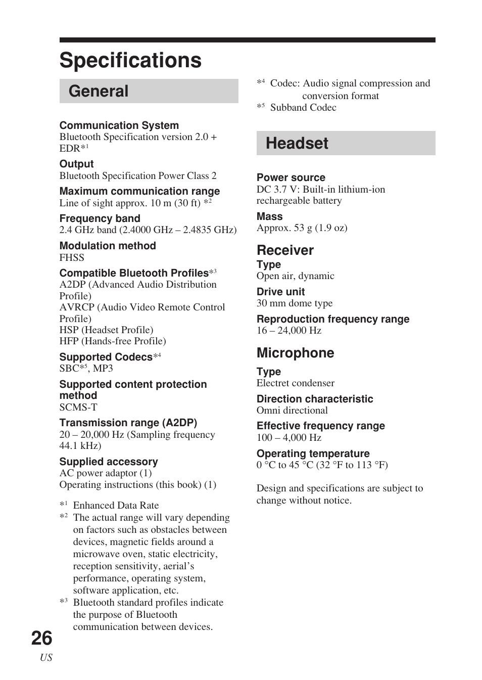 Specifications, Headset, General | Receiver, Microphone | Sony DR-BT140Q Manuel d'utilisation | Page 26 / 56