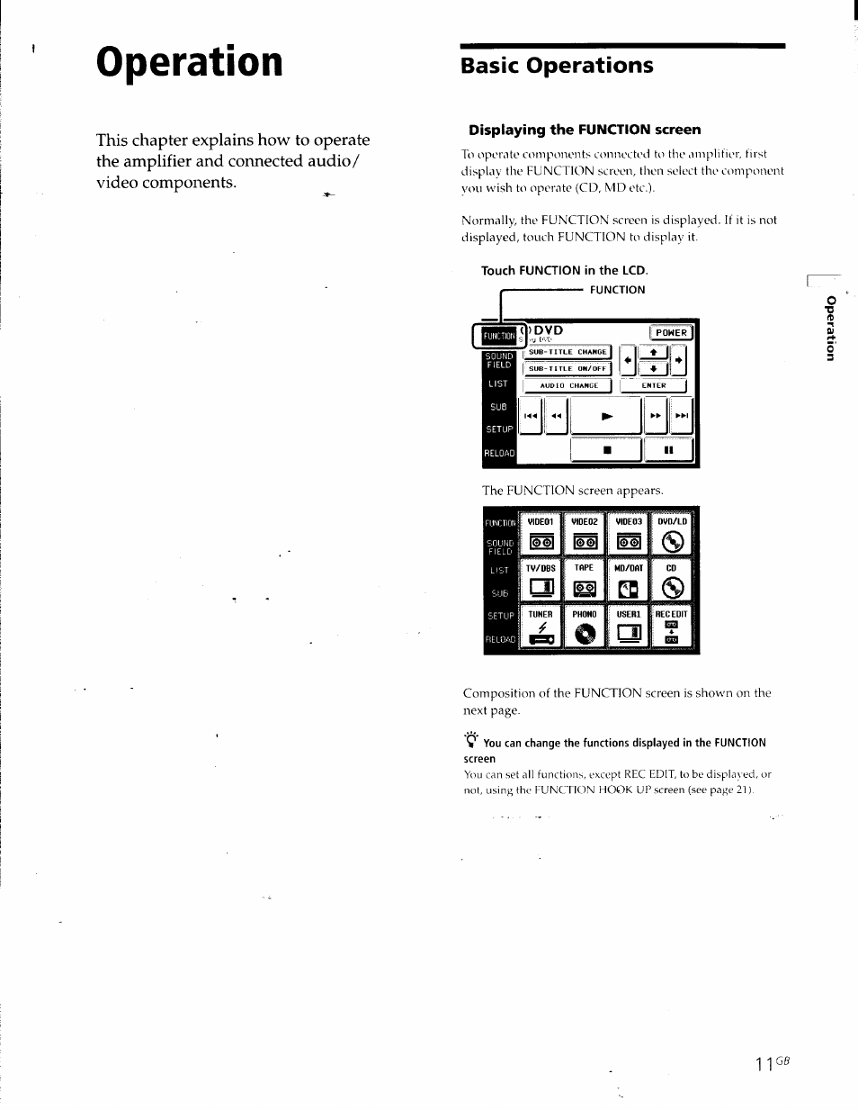 Displaying the function screen, Operation, Basic operations | Sony RM-TP501E Manuel d'utilisation | Page 11 / 49