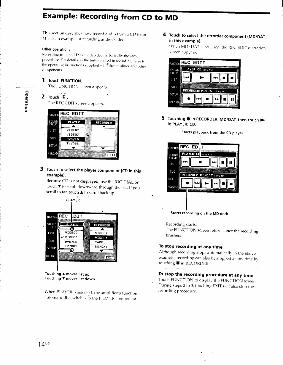 Other operations, 1 touch function, 2 touch | To stop recording at any time, To stop the recording procedure at any time, Example: recording from cd to md | Sony RM-TP501E Manuel d'utilisation | Page 14 / 49