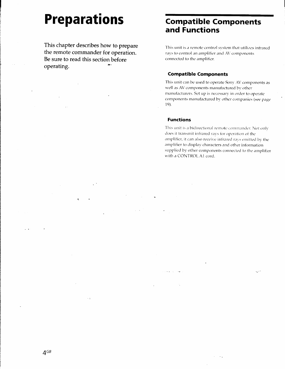 Compatible components, Functions, Preparations | Compatible components and functions | Sony RM-TP501E Manuel d'utilisation | Page 4 / 49
