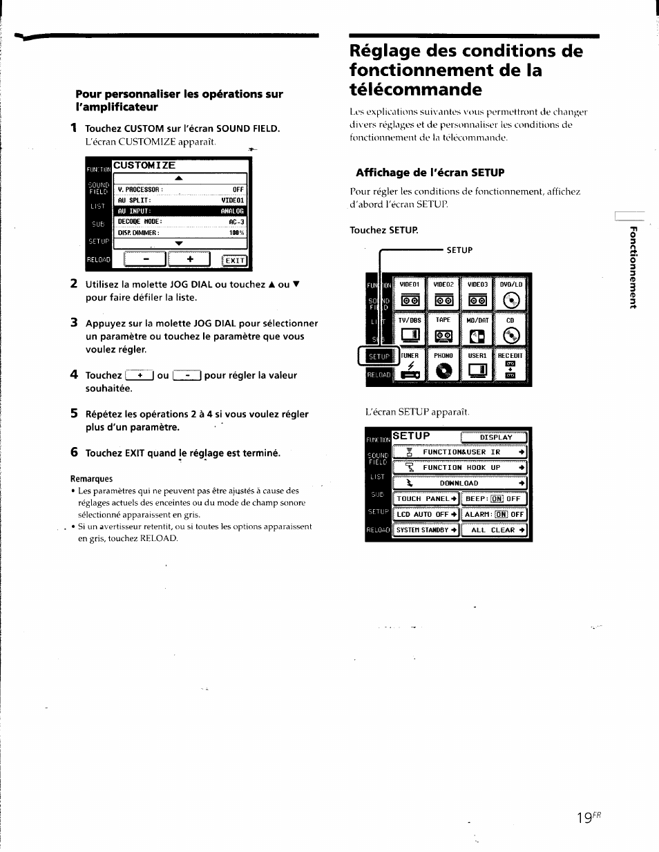 Affichage de l'écran setup | Sony RM-TP501E Manuel d'utilisation | Page 43 / 49