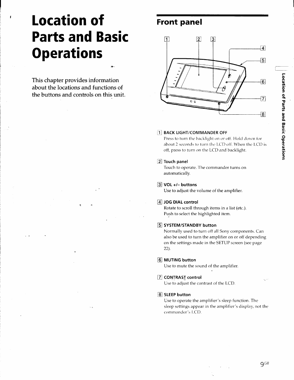 Location of parts and basic operations, Ll] back light/commander off, 2] touch panel | Vol +/- buttons, 3] jog dial control, I] system/standby button, 6] muting button, 7] contrast control, 8] sleep button, Front panel | Sony RM-TP501E Manuel d'utilisation | Page 9 / 49