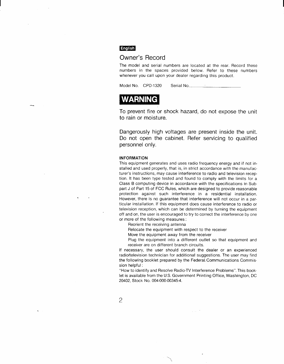 English, Information, Warning | Owner’s record | Sony CPD-1320UC2 Manuel d'utilisation | Page 2 / 17