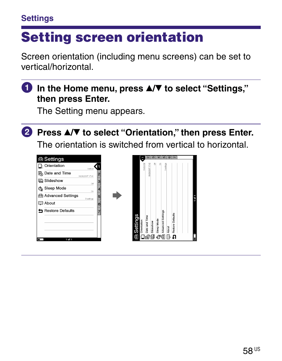 Settings, Setting screen orientation | Sony PRS-505 Manuel d'utilisation | Page 58 / 190