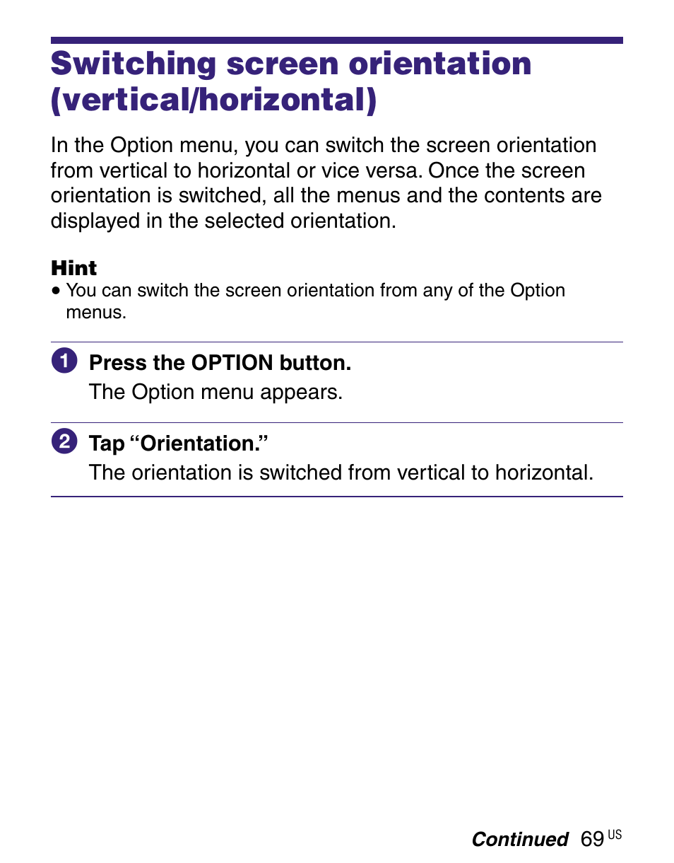 Switching screen orientation (vertical/horizontal) | Sony PRS-700 Manuel d'utilisation | Page 69 / 289