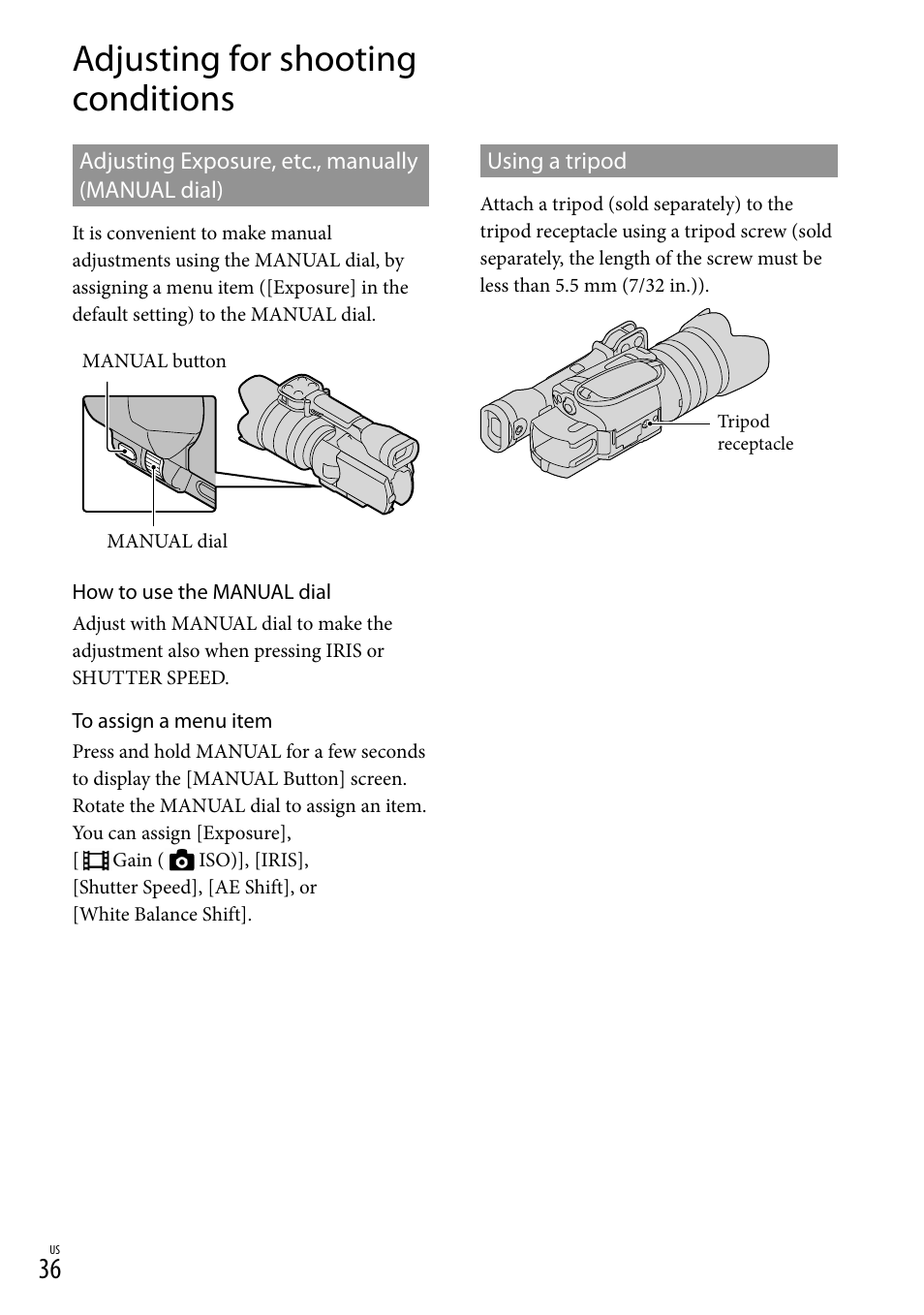 Adjusting for shooting conditions | Sony NEX-VG20H Manuel d'utilisation | Page 36 / 163