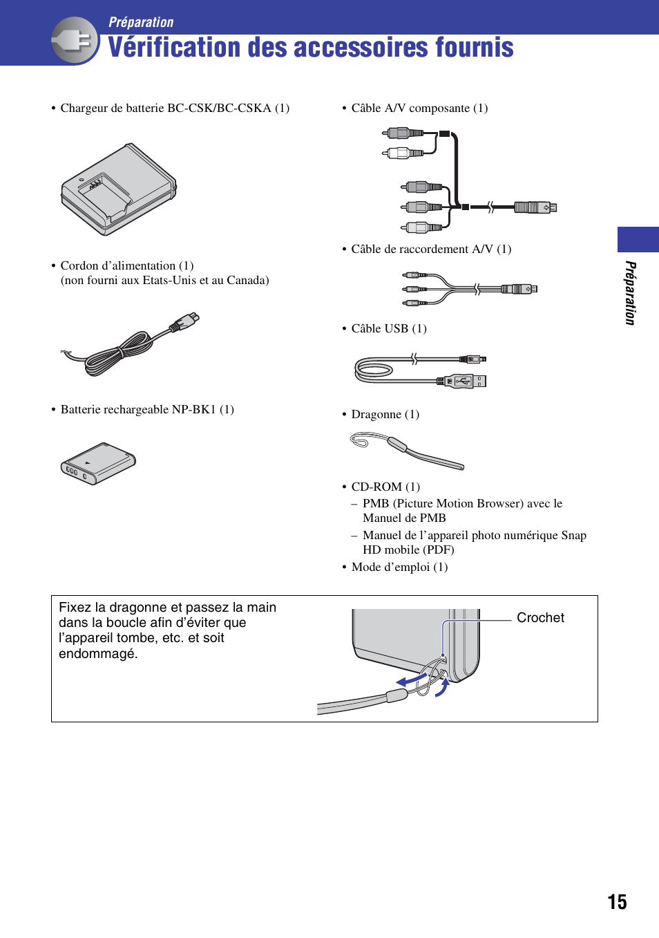 Vérification des accessoires fournis, Préparation | Sony bloggie  MHS-PM1 Manuel d'utilisation | Page 15 / 75