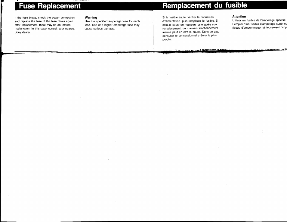 Remplacement du fusible, Attention, Fuse replacement | Sony RM-X12A Manuel d'utilisation | Page 14 / 16