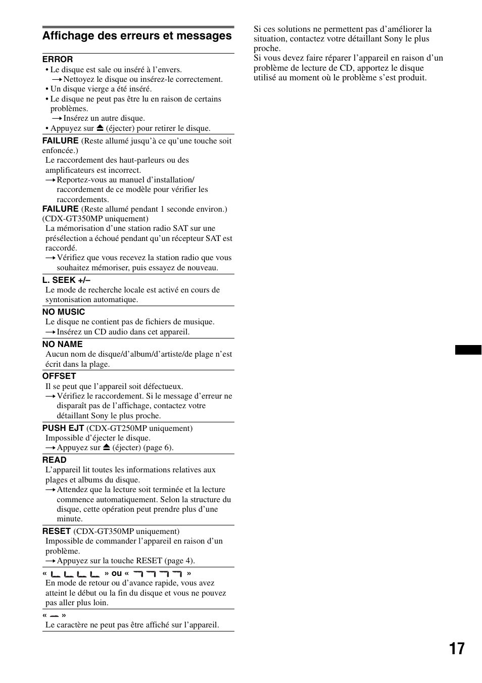 Affichage des erreurs et messages | Sony CDX-GT250MP Manuel d'utilisation | Page 33 / 36