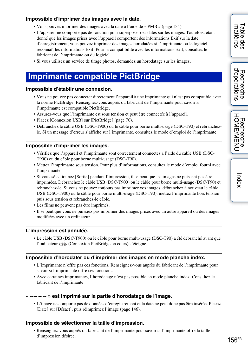 Imprimante compatible pictbridge | Sony DSC-T900 Manuel d'utilisation | Page 156 / 171
