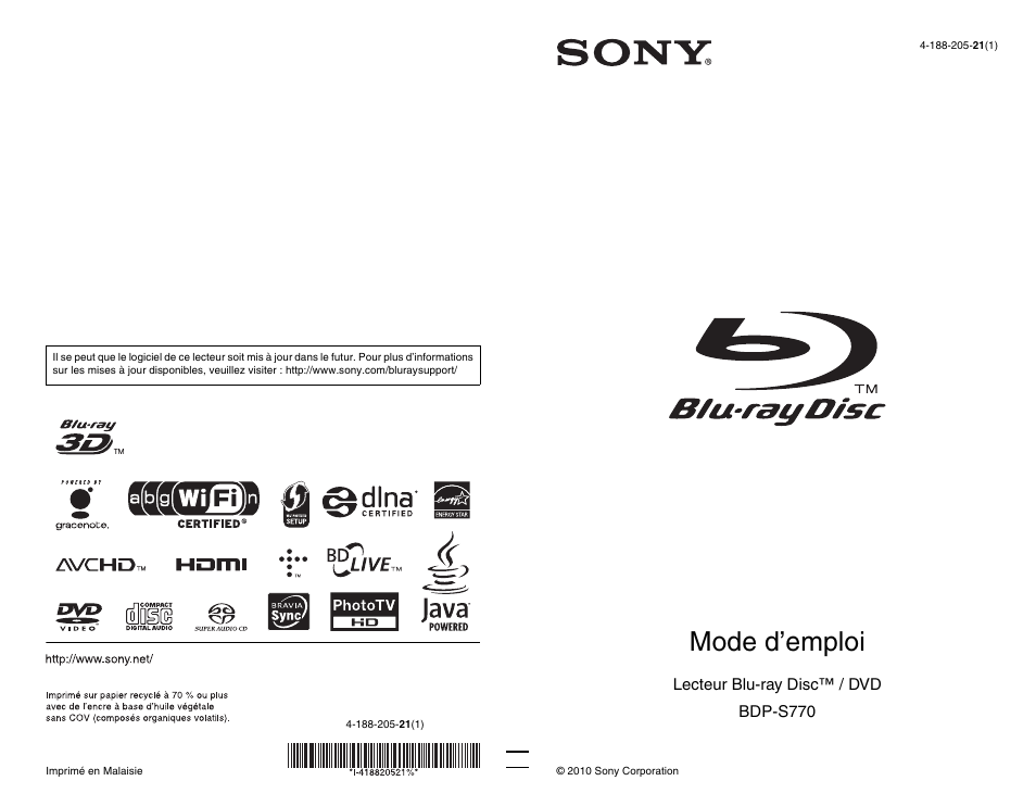 Sony BDP-S770 Manuel d'utilisation | Pages: 39