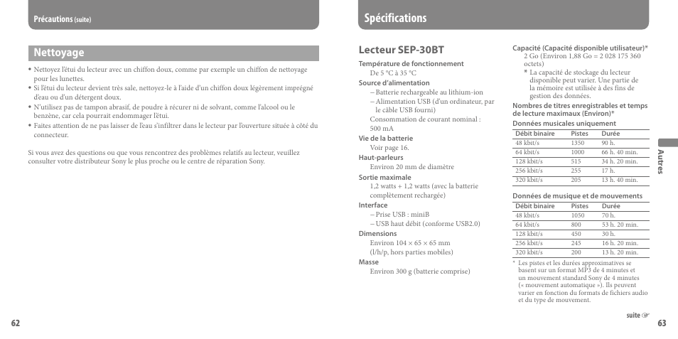Spécifications, Nettoyage, Lecteur sep-30bt | Précautions | Sony SEP-30BT Manuel d'utilisation | Page 32 / 36