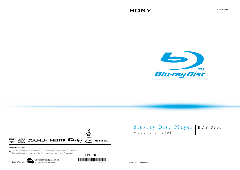 Sony BDP-S500 Manuel d'utilisation | Pages: 67