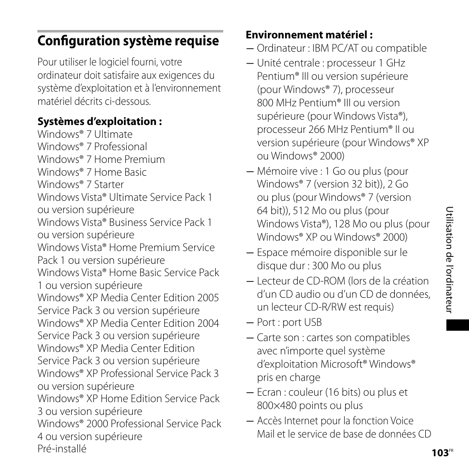 Configuration système requise | Sony ICD-SX750 Manuel d'utilisation | Page 103 / 136