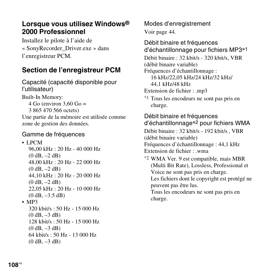 Lorsque vous utilisez windows, 2000 professionnel | Sony PCM-M10 Manuel d'utilisation | Page 108 / 136