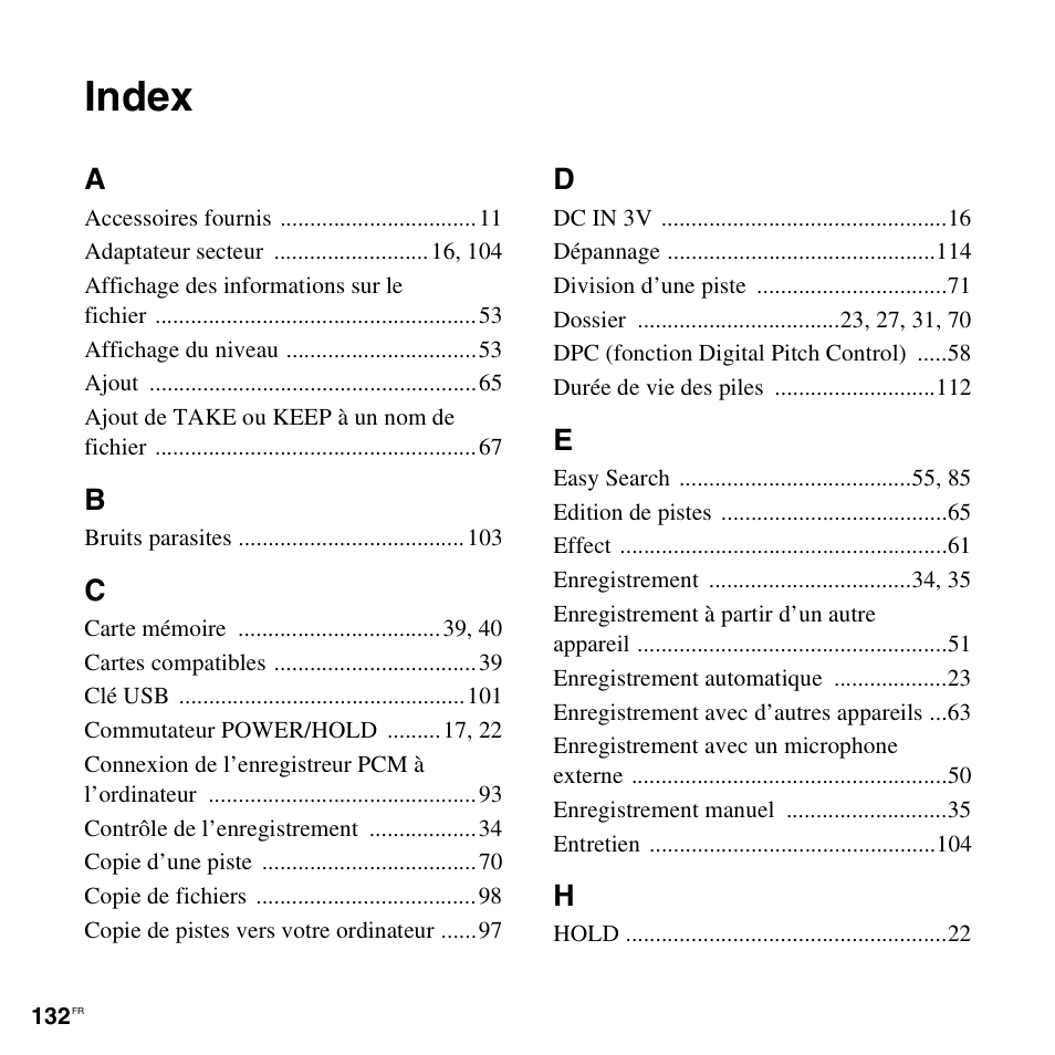 Index | Sony PCM-M10 Manuel d'utilisation | Page 132 / 136